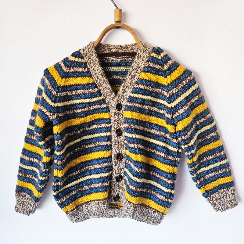 Handknitted Stripe Cardigan A Fawn Blue and Yellow Stripes