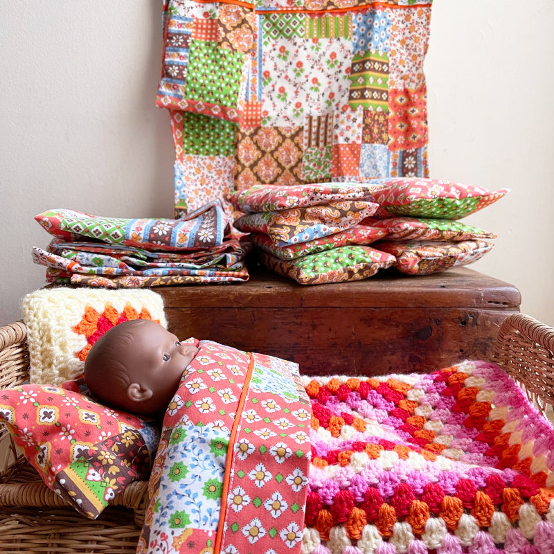 Dolls Bed Sheet Pillow Set Patchwork Print Shorties