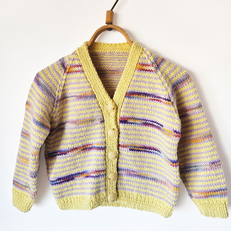 Handknitted Stripe Cardigan D Pale Yellow and Lavender Stripes