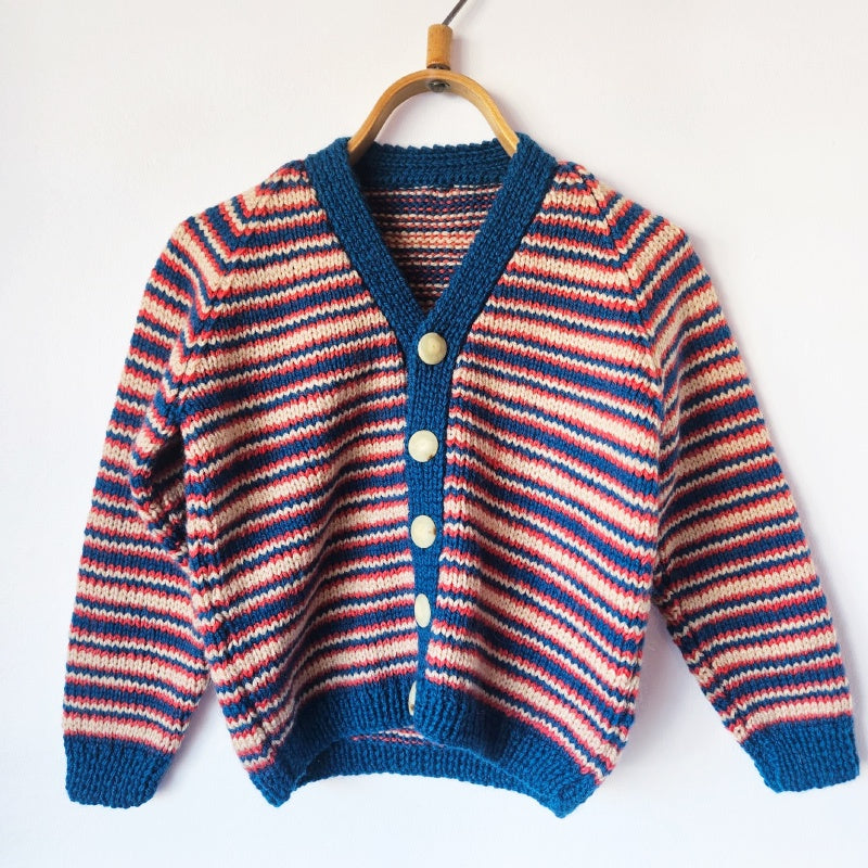 Handknitted Stripe Cardigan K Teal with Musk and Cream Stripes