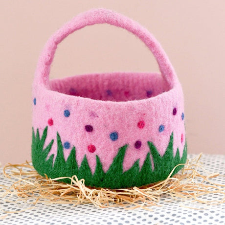 Felt Basket With Polka Dots - Pink