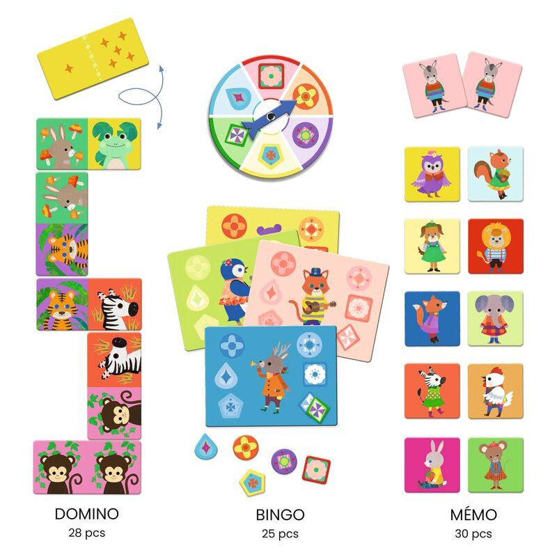 Djeco 83PC Trio Of Animal Games - Memory/Domino