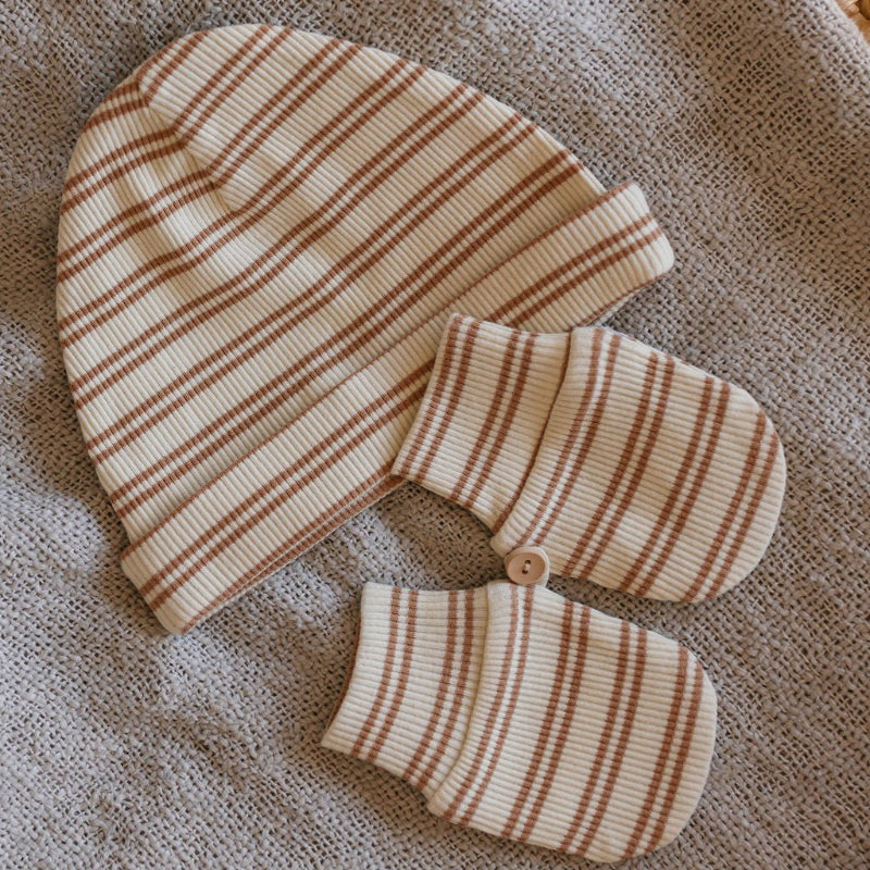 Acorn Henley Beanie and Mittens Set - Cream/Caramel Stripe