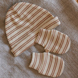 Acorn Henley Beanie and Mittens Set - Cream/Caramel Stripe