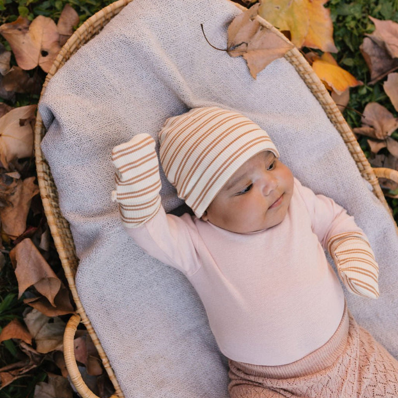Acorn Henley Beanie and Mittens Set - Cream/Caramel Stripe