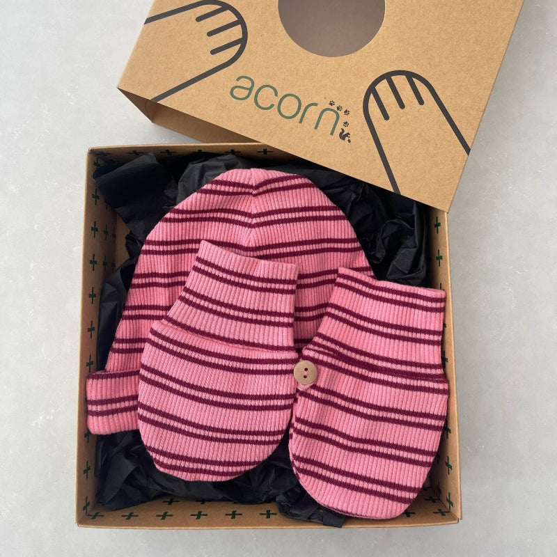 Acorn Henley Beanie and Mittens Set - Pink/Plum Stripe