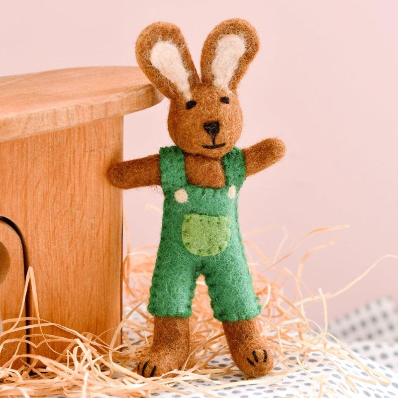 Felt Brown Hare Rabbit - Green Overalls