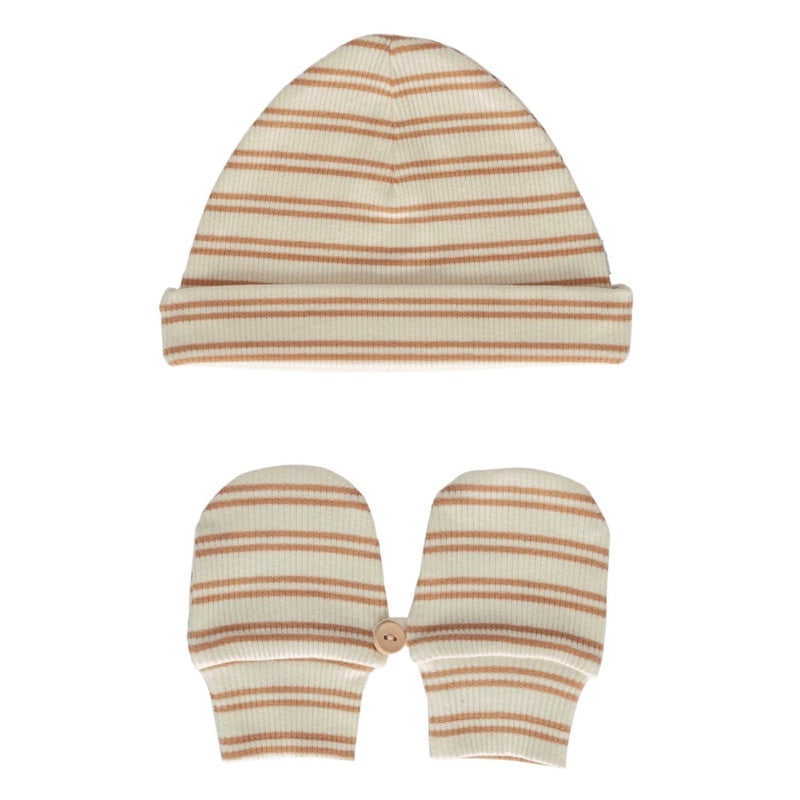 Acorn Henley Beanie and Mittens Set - Cream/Caramel Stripe