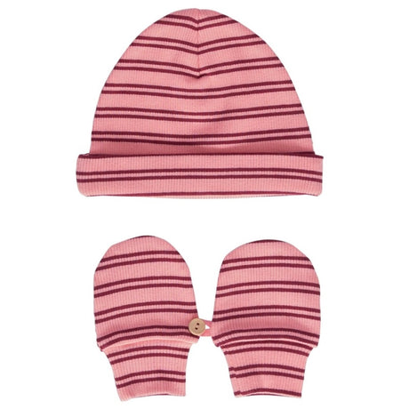 Acorn Henley Beanie and Mittens Set - Pink/Plum Stripe