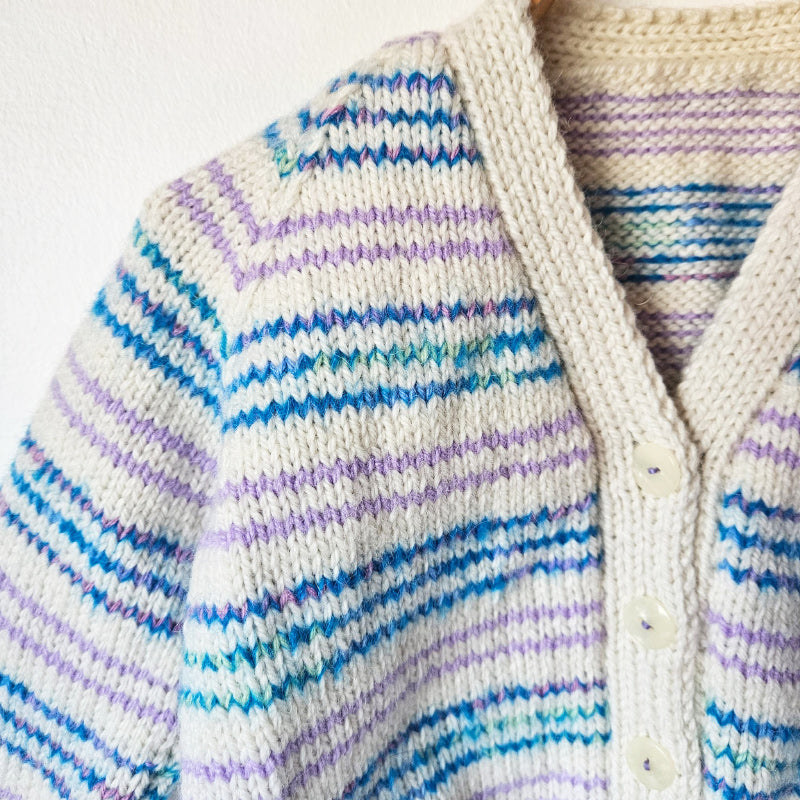 Handknitted Stripe Cardigan L Cream w Lavender and Blue Stripes