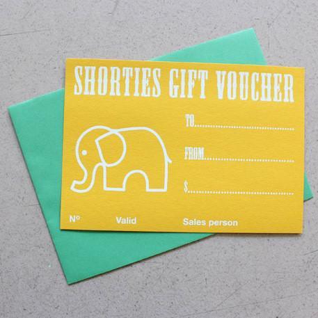 Shorties Gift Vouchers $10 to $200 options gift certificate gift card 