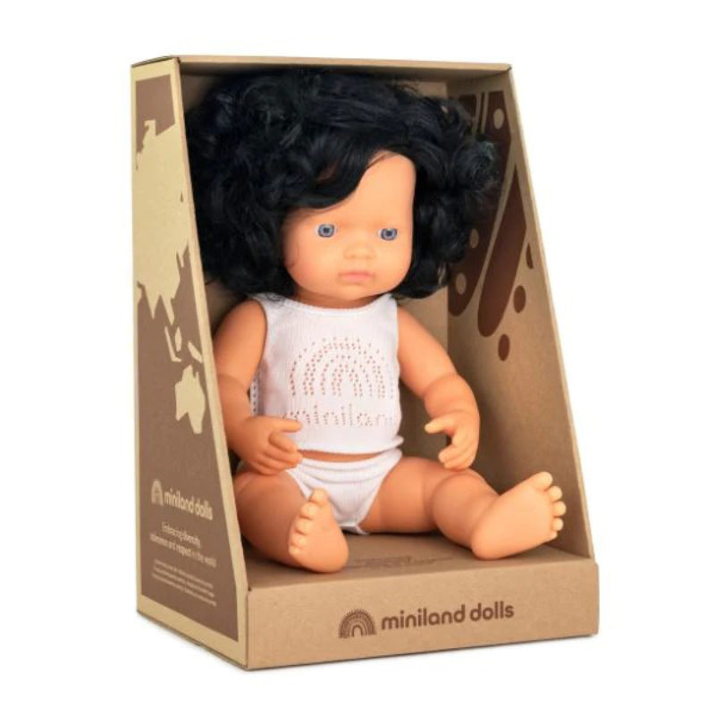 Miniland Doll 38cm - Black Curly Hair Caucasian Girl