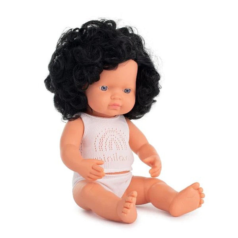 Miniland Doll 38cm - Black Curly Hair Caucasian Girl