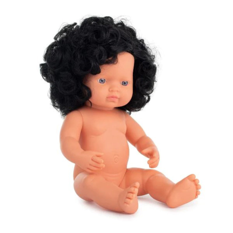 Miniland Doll 38cm - Black Curly Hair Caucasian Girl