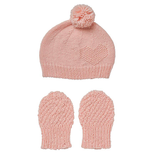 Acorn Heart Beanie and Mitten set hand knitted pale pink -At Shorties
