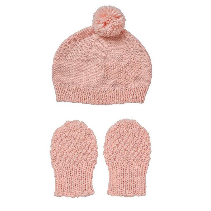 Acorn Heart Beanie and Mitten set hand knitted pale pink -At Shorties