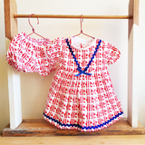 Shorties Doll Dress - White/Navy/Red Pattern