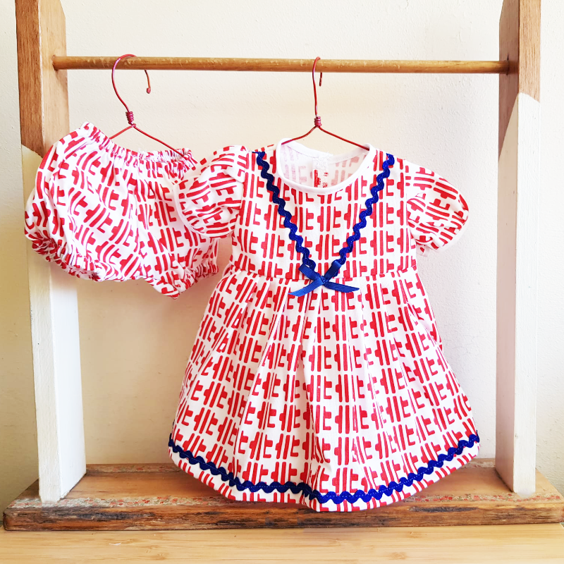 Shorties Doll Dress - White/Navy/Red Pattern