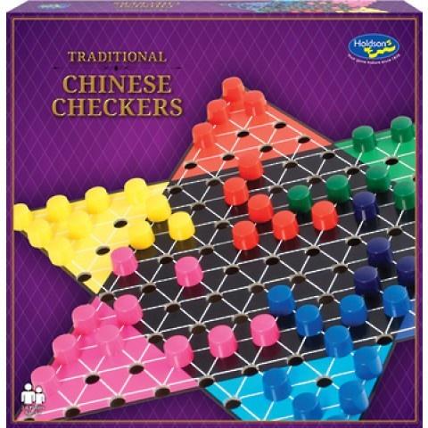 The Classic Chinese Checkers game, one of Holdson's Traditional Games series. 2 to 6 players manoeuvre their ten playing pieces out of their home triangle and across the board into the opposing triangle. Try to jump opponents pieces to move faster while trying to block opponents attempting to move across the board.