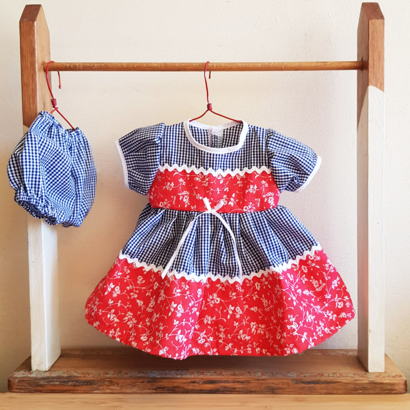 Shorties Doll Dress - Black Gingham/Red Floral
