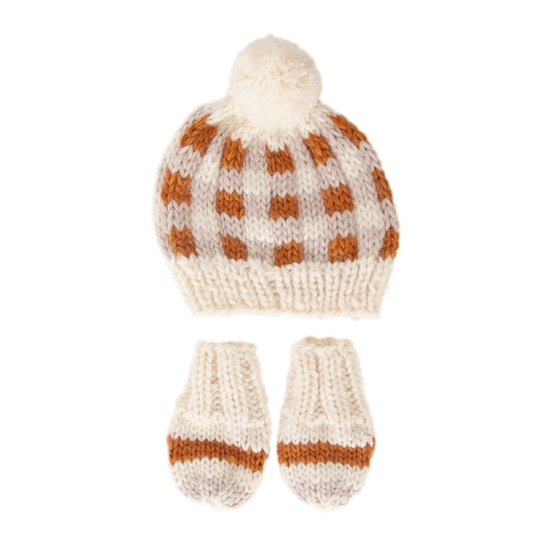 Acorn Checks Beanie/Mitten Set - Caramel