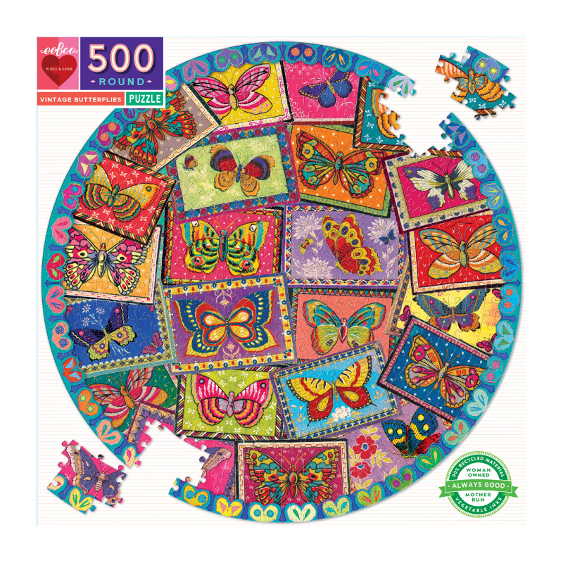 Eeboo 500PC Round Puzzle - Vintage Butterflies