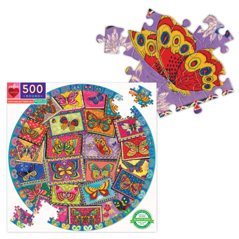 Eeboo 500PC Round Puzzle - Vintage Butterflies