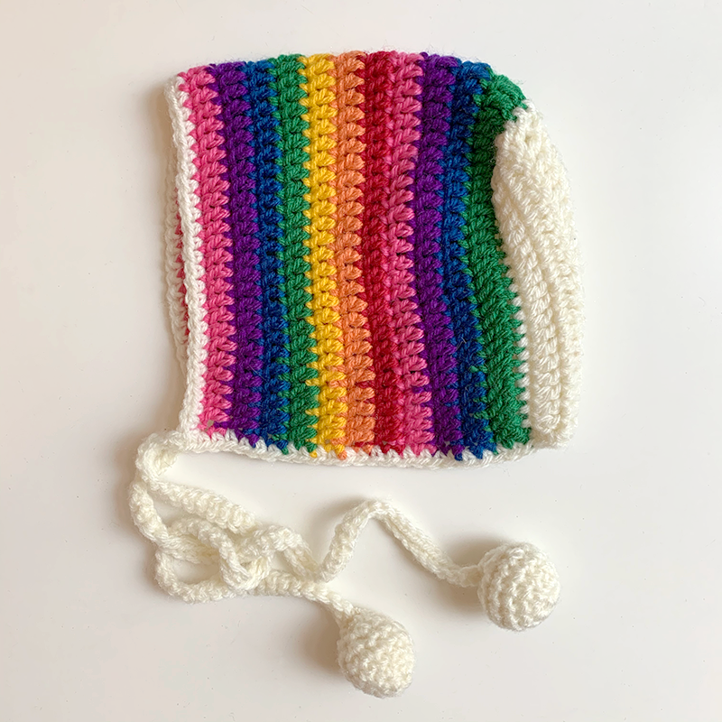 Crochet Bonnet Rainbow Stripe Cream