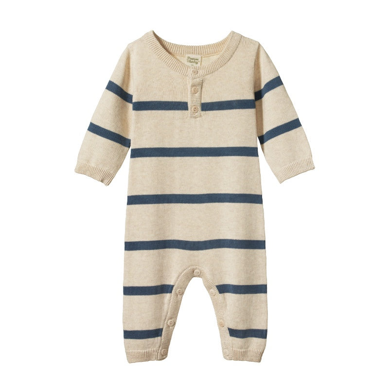Nature Baby Lou Suit Cotton Knit - Oatmeal Marl/Sky Blue Stripe