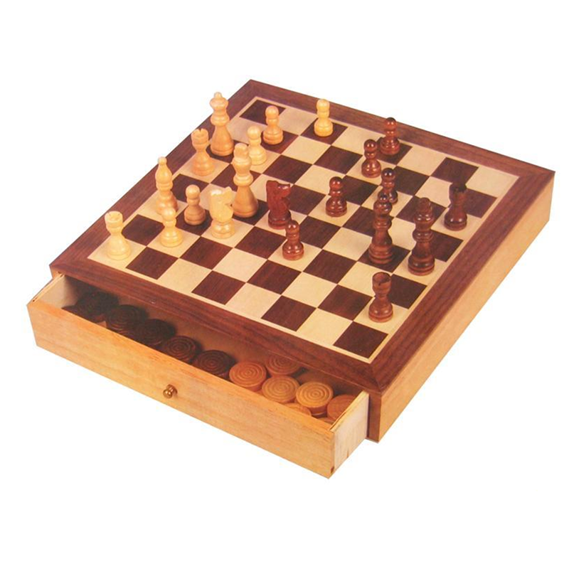 Wooden Chess & Checkers With Drawers
