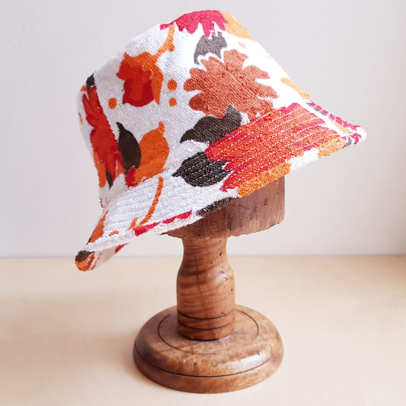 New Vintage 70's Floral Terry Towelling Hat - Orange/Red