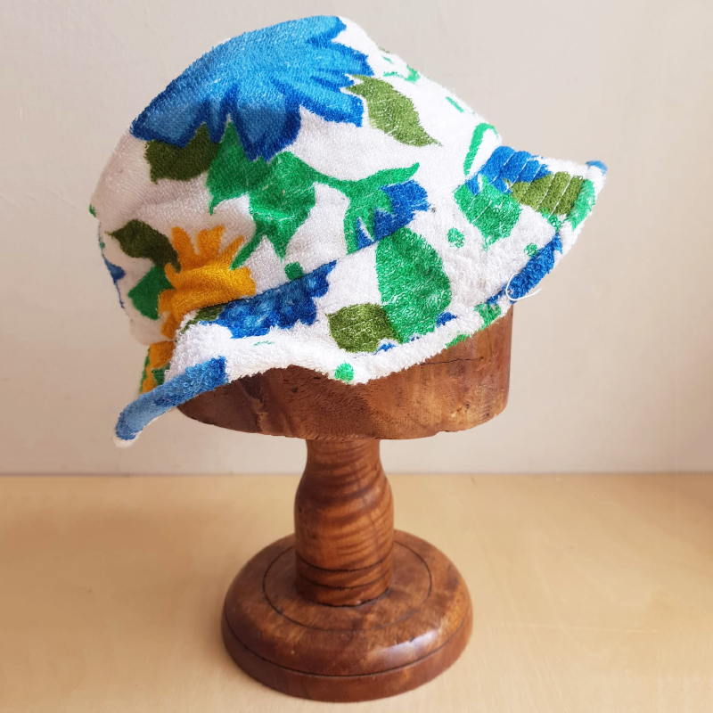 NEW Vintage 70's Floral Terry Towelling Hat - Blue/Green/Yellow