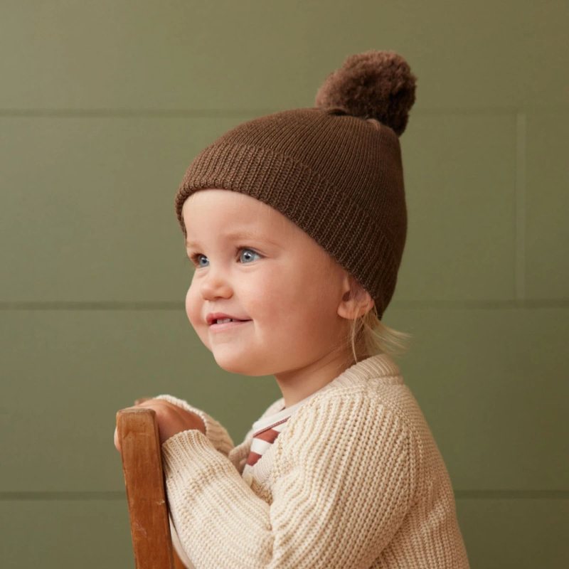 Nature Baby Merino Alpine Pom Pom Beanie - Acorn Marl